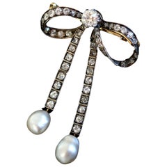 Edwardian Old Cut Diamond Natural Pearl Bow Brooch