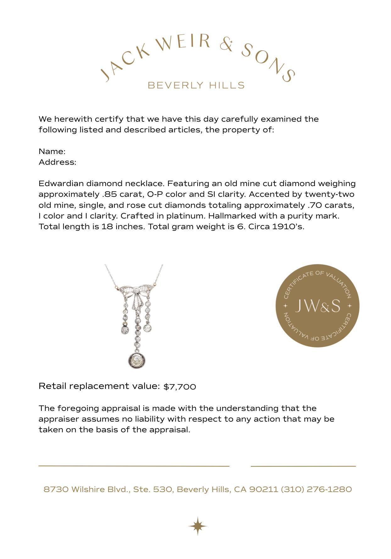 Women's Edwardian old cut diamond platinum necklace For Sale