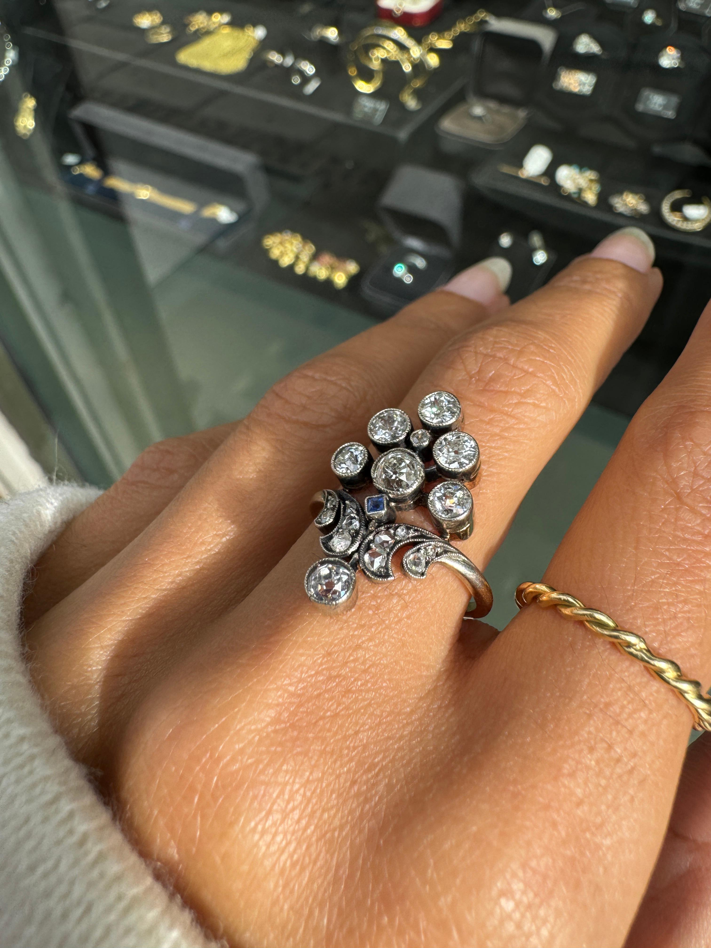 Bague de cocktail en argent et or 18 carats avec diamants et saphirs de taille ancienne, de style édouardien en vente 1