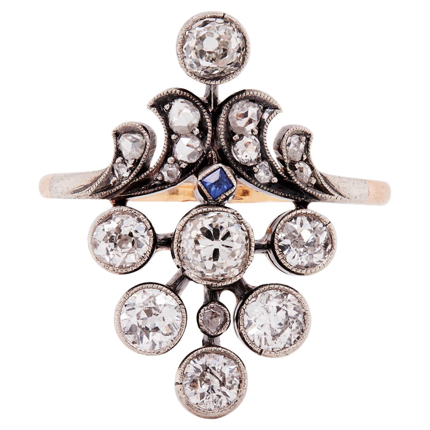 Bague de cocktail en argent et or 18 carats avec diamants et saphirs de taille ancienne, de style édouardien