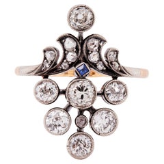 Bague de cocktail en argent et or 18 carats avec diamants et saphirs de taille ancienne, de style édouardien