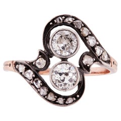 Antique Edwardian Old Cut Diamond Toi Et Moi Crossover Ring in Silver on 18 Carat Gold