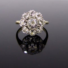 Edwardian Old Cut Diamonds Rose Yellow Gold Platinum Cluster Daisy Ring