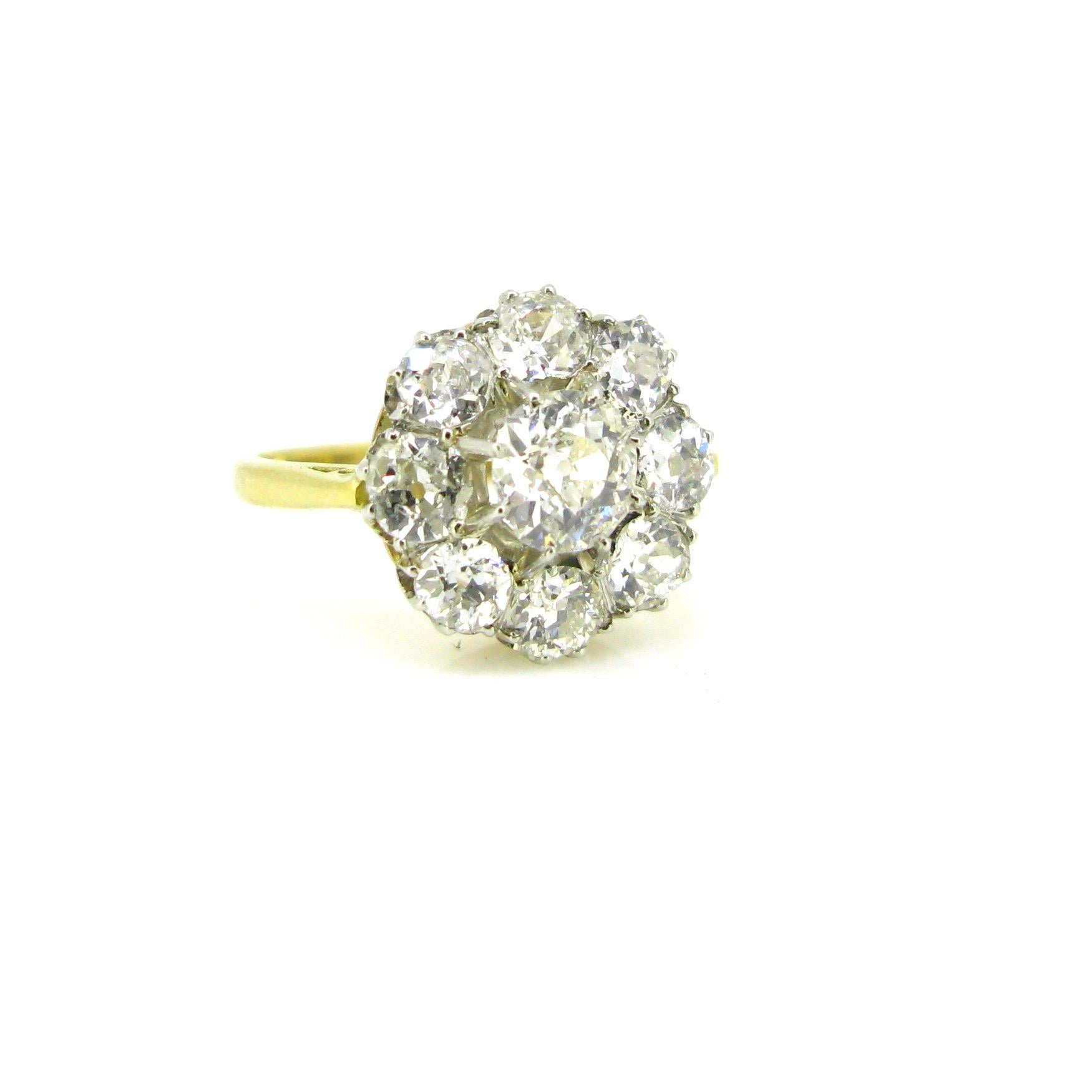 Old Mine Cut Edwardian Old Cut Diamonds Rose Yellow Gold Platinum Cluster Daisy Ring