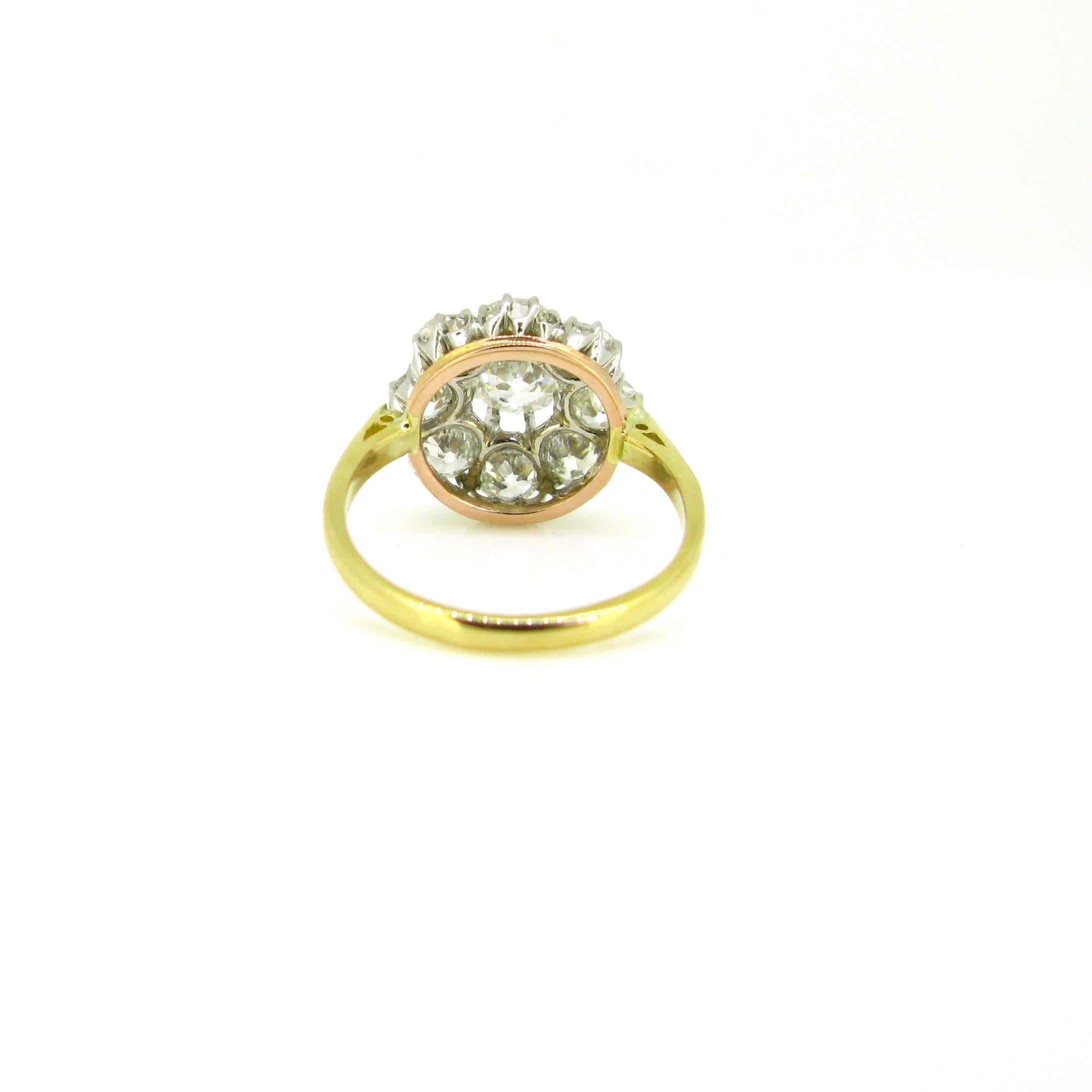 Women's or Men's Edwardian Old Cut Diamonds Rose Yellow Gold Platinum Cluster Daisy Ring