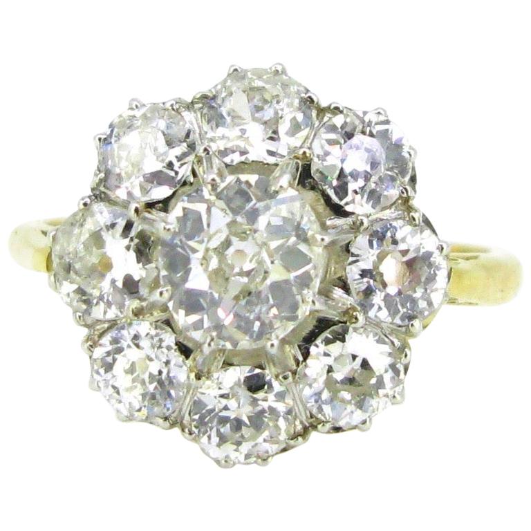 Edwardian Old Cut Diamonds Rose Yellow Gold Platinum Cluster Daisy Ring