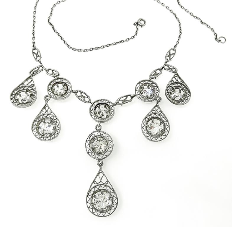 Edwardian Old Euro Diamond Platinum Necklace In Good Condition In New York, NY
