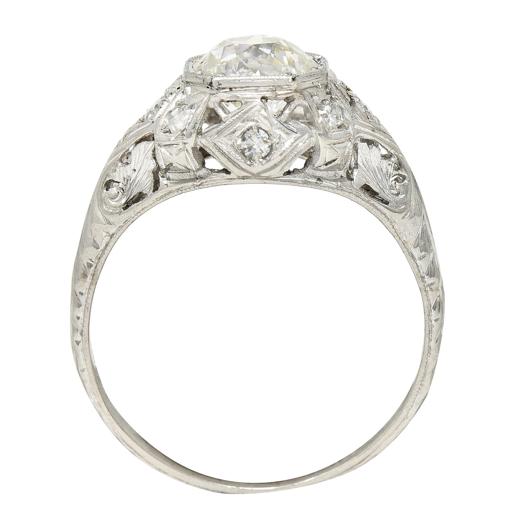 Edwardian Old European 1.64 Carats Diamond Platinum Foliate Engagement Ring For Sale 3