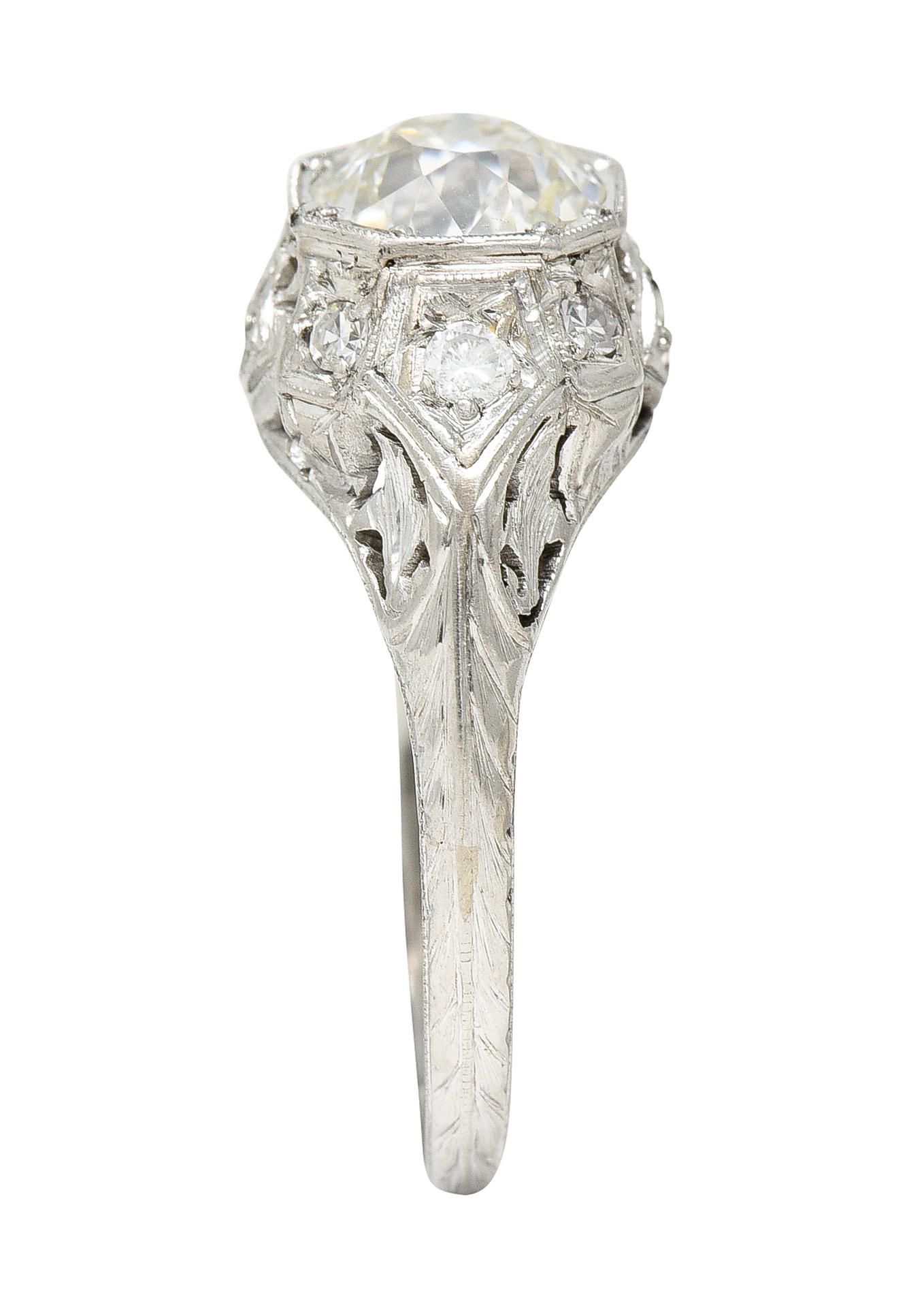 Edwardian Old European 1.64 Carats Diamond Platinum Foliate Engagement Ring For Sale 4
