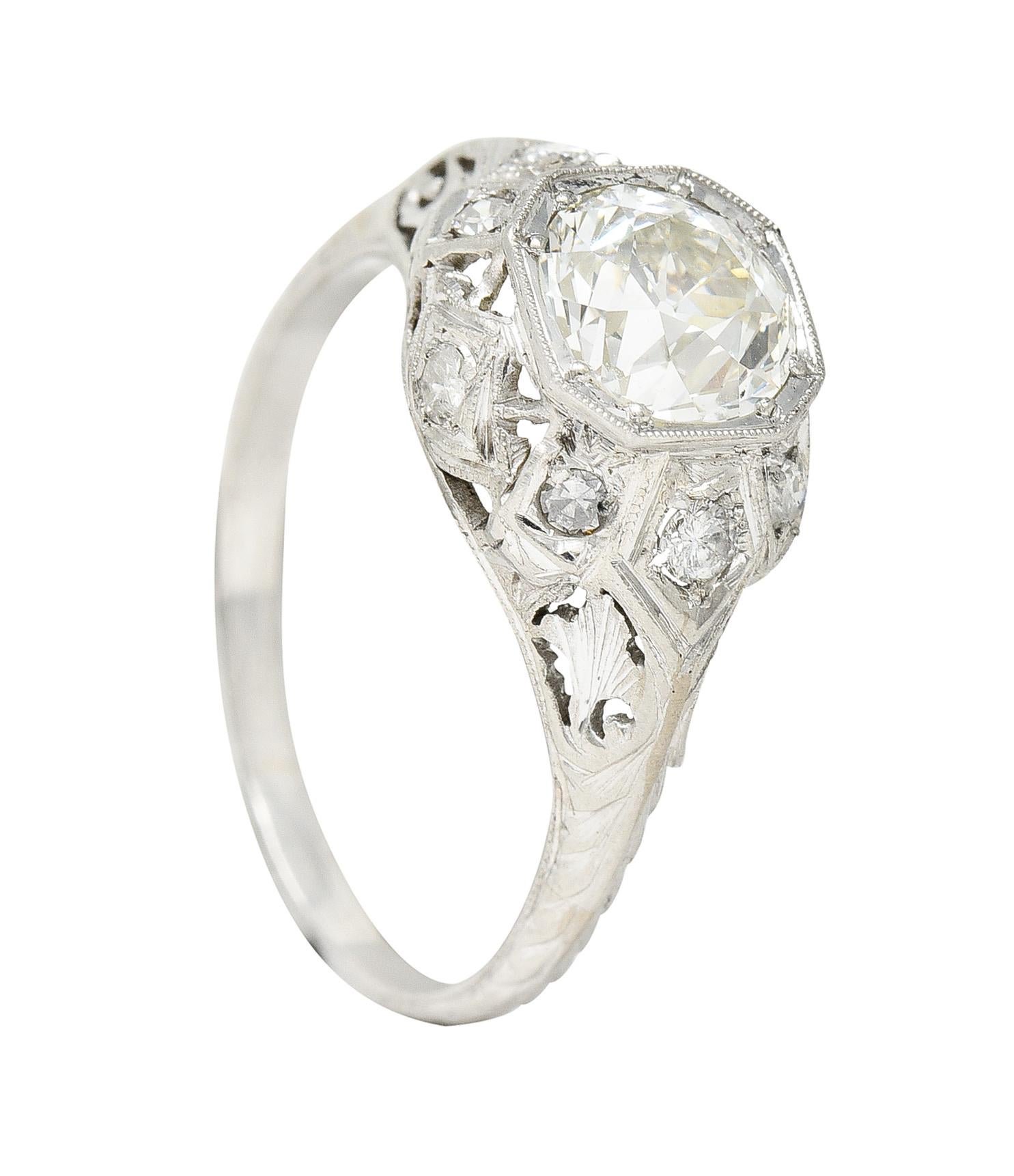 Edwardian Old European 1.64 Carats Diamond Platinum Foliate Engagement Ring For Sale 5