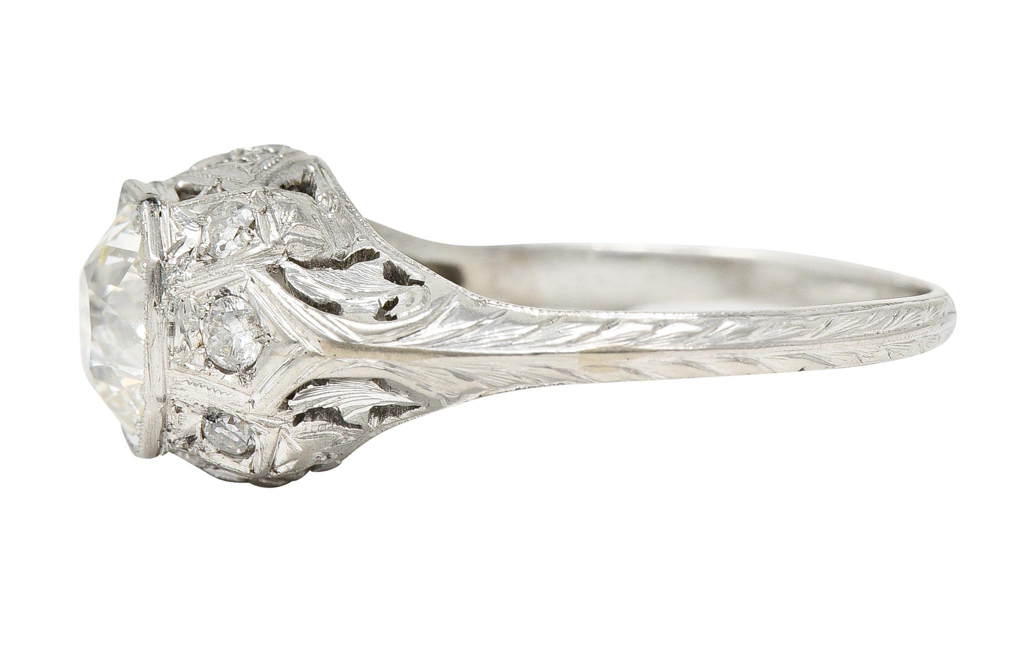 Old European Cut Edwardian Old European 1.64 Carats Diamond Platinum Foliate Engagement Ring For Sale