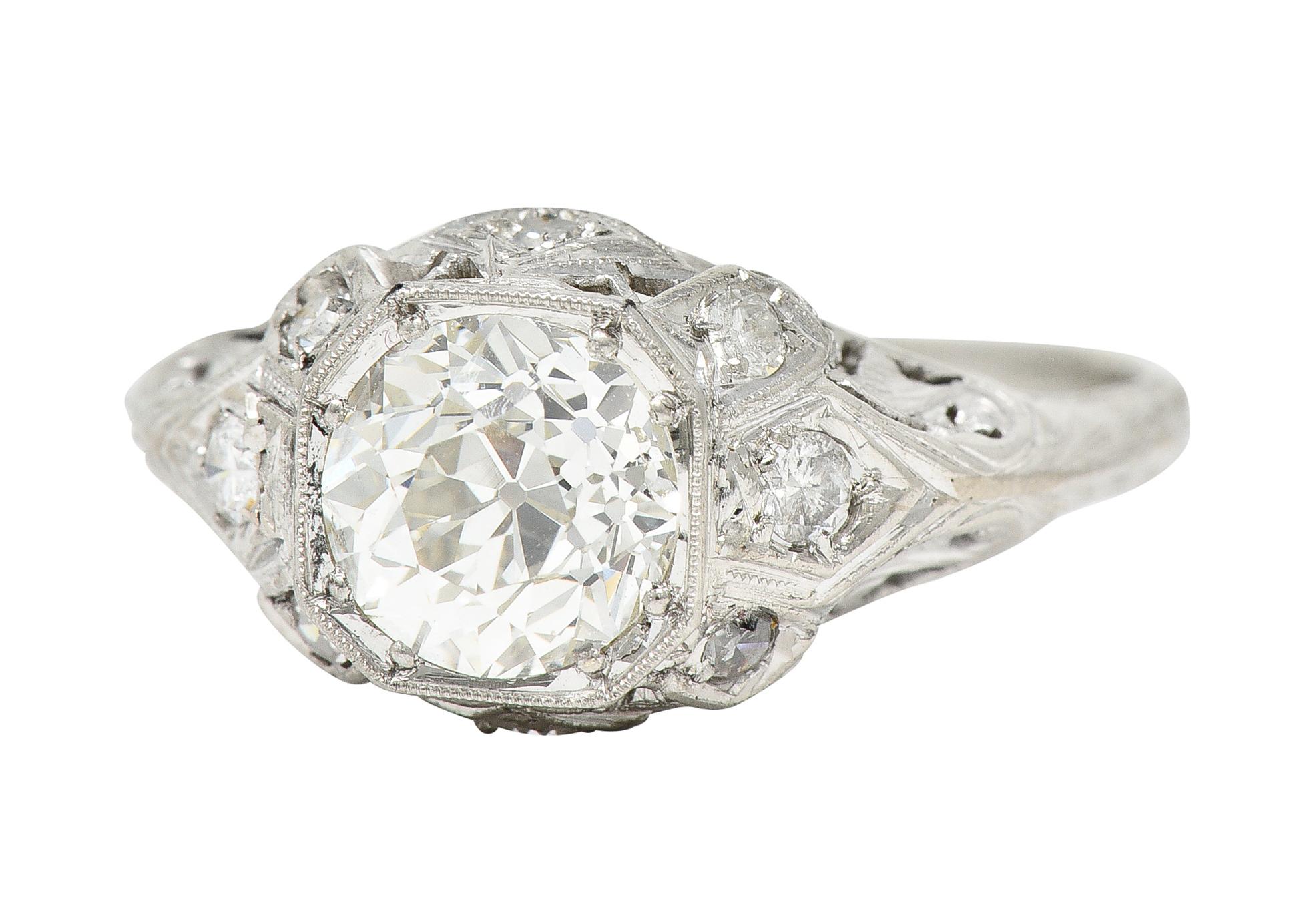 Edwardian Old European 1.64 Carats Diamond Platinum Foliate Engagement Ring In Excellent Condition For Sale In Philadelphia, PA