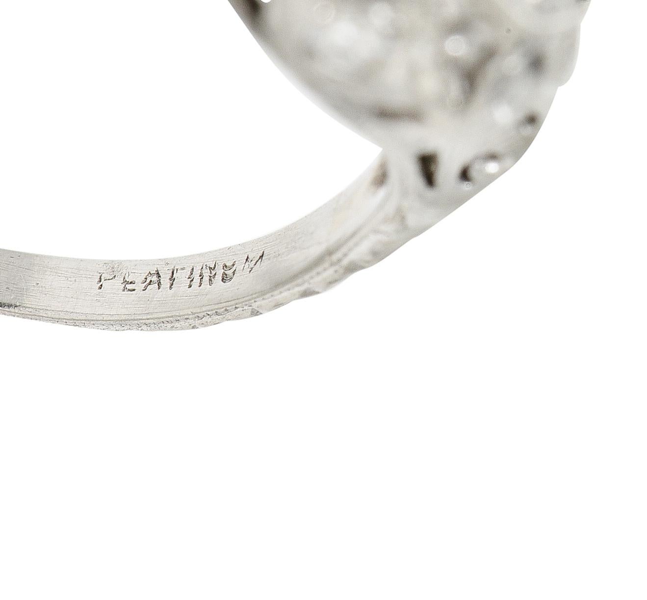 Women's or Men's Edwardian Old European 1.64 Carats Diamond Platinum Foliate Engagement Ring For Sale