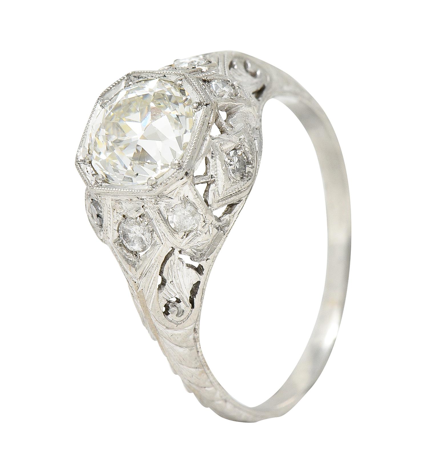 Edwardian Old European 1.64 Carats Diamond Platinum Foliate Engagement Ring For Sale 1