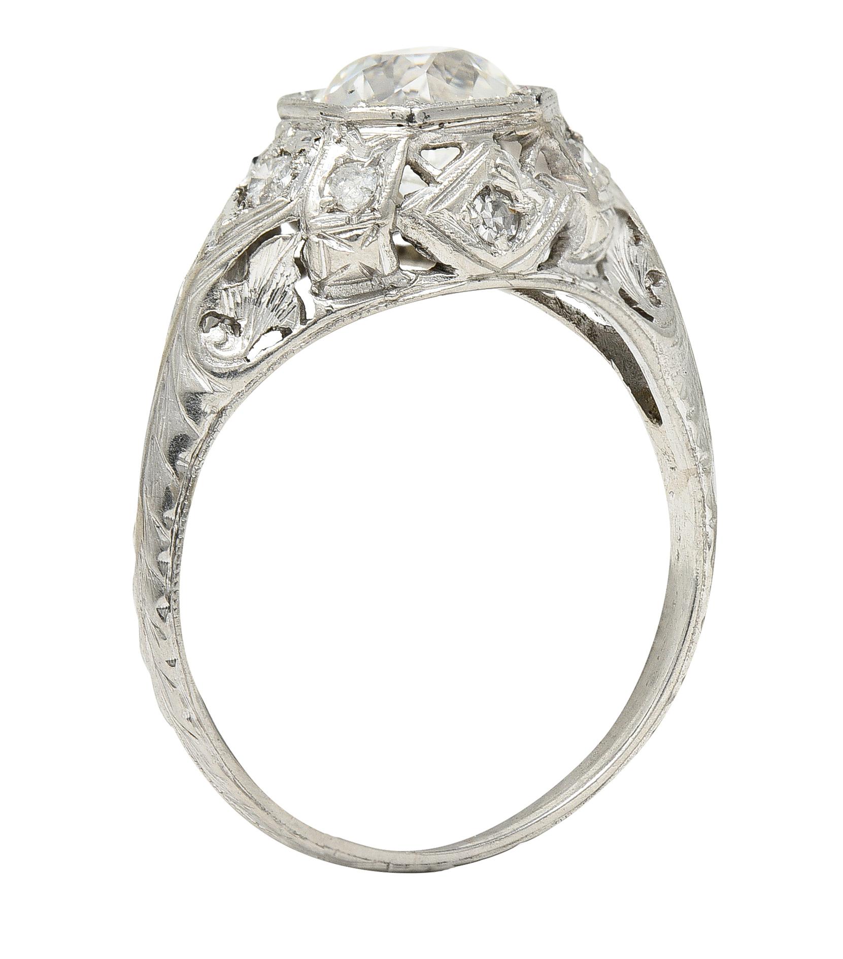 Edwardian Old European 1.64 Carats Diamond Platinum Foliate Engagement Ring For Sale 2
