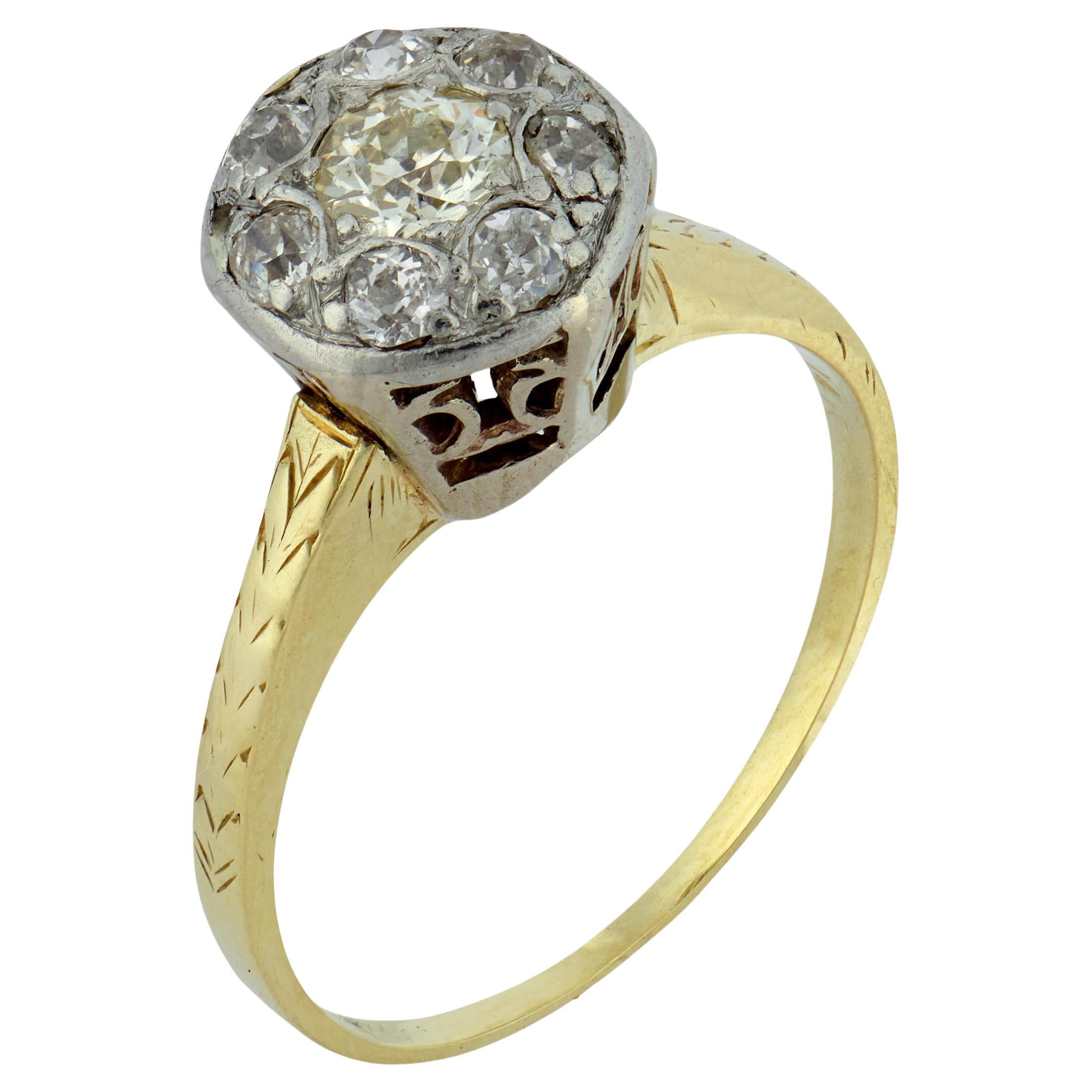 Edwardian old European cut diamond 14k two tone gold cluster ring