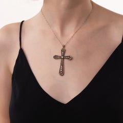 Edwardian old European cut diamond 14k yellow gold and silver cross necklace