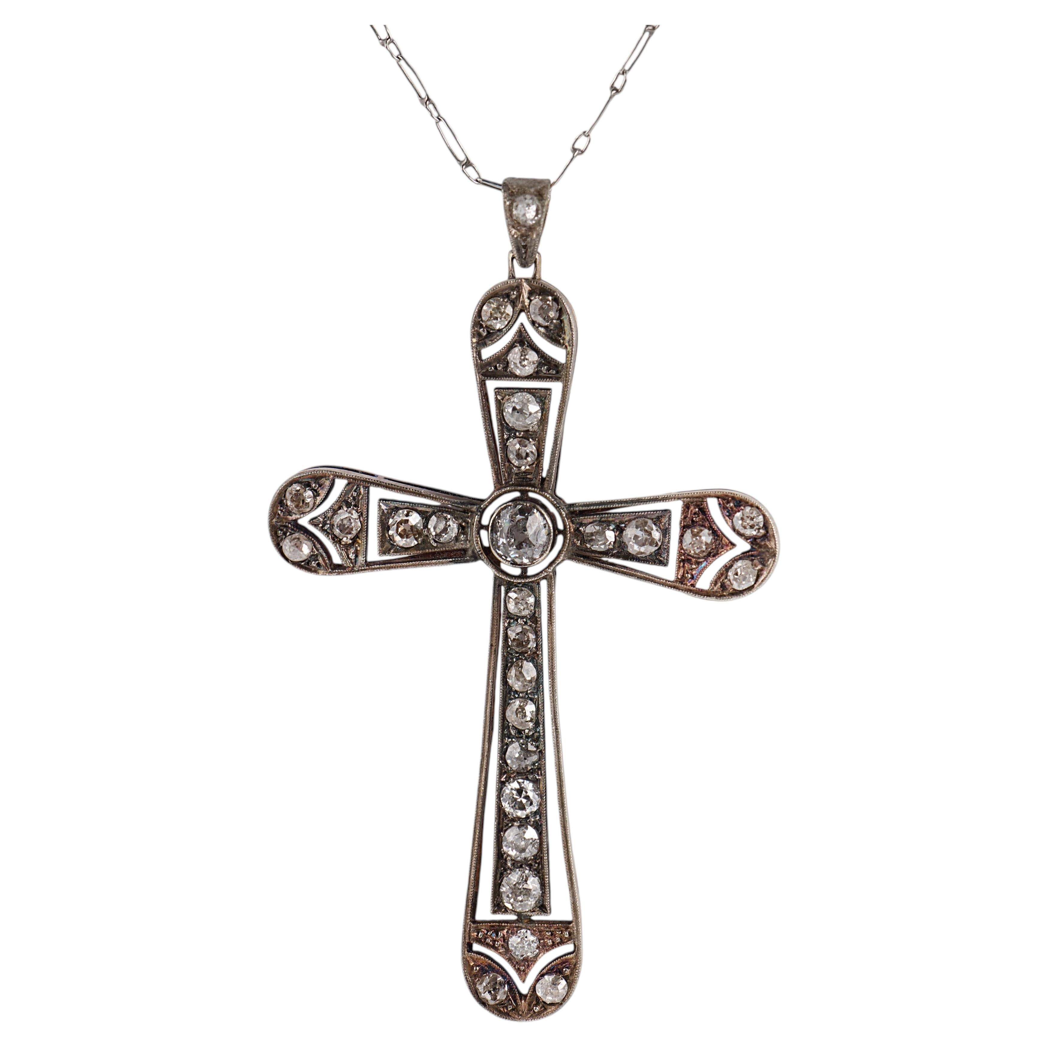 Edwardian old European cut diamond 14k yellow gold and silver cross necklace