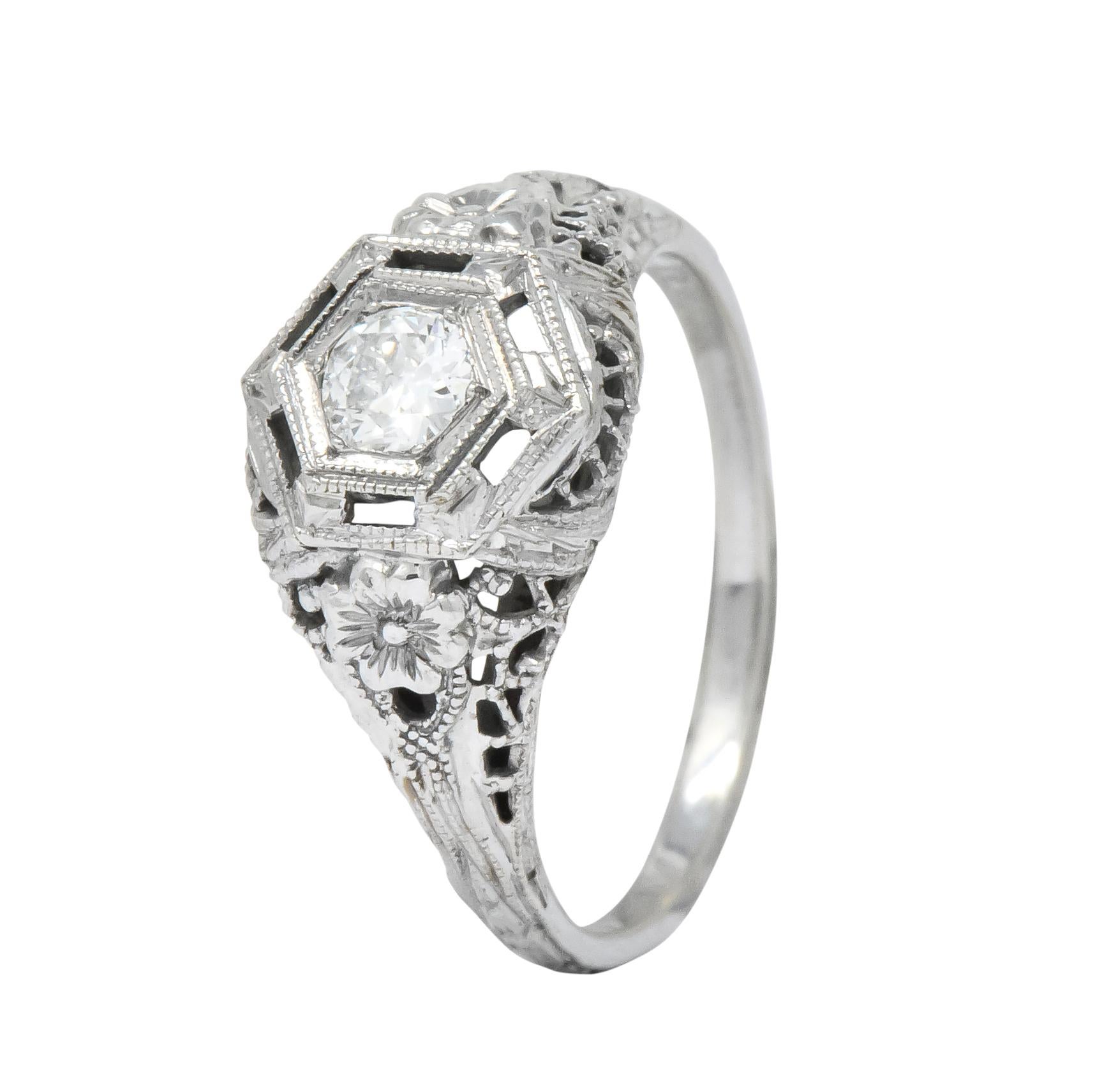 Edwardian Old European Cut Diamond 18 Karat White Gold Engagement Ring 4