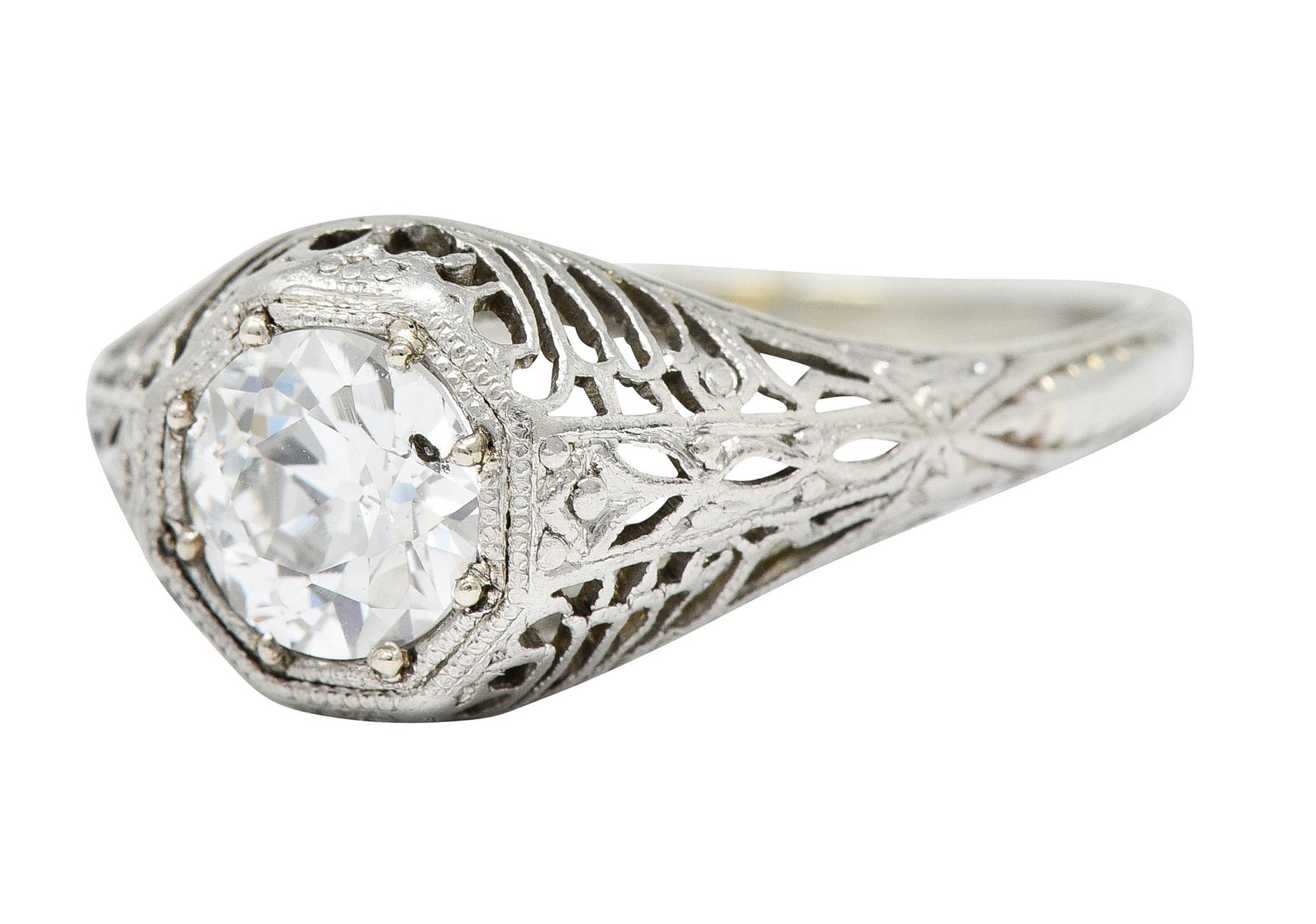 Edwardian Old European Cut Diamond 19 Karat White Gold Engagement Ring GIA 1