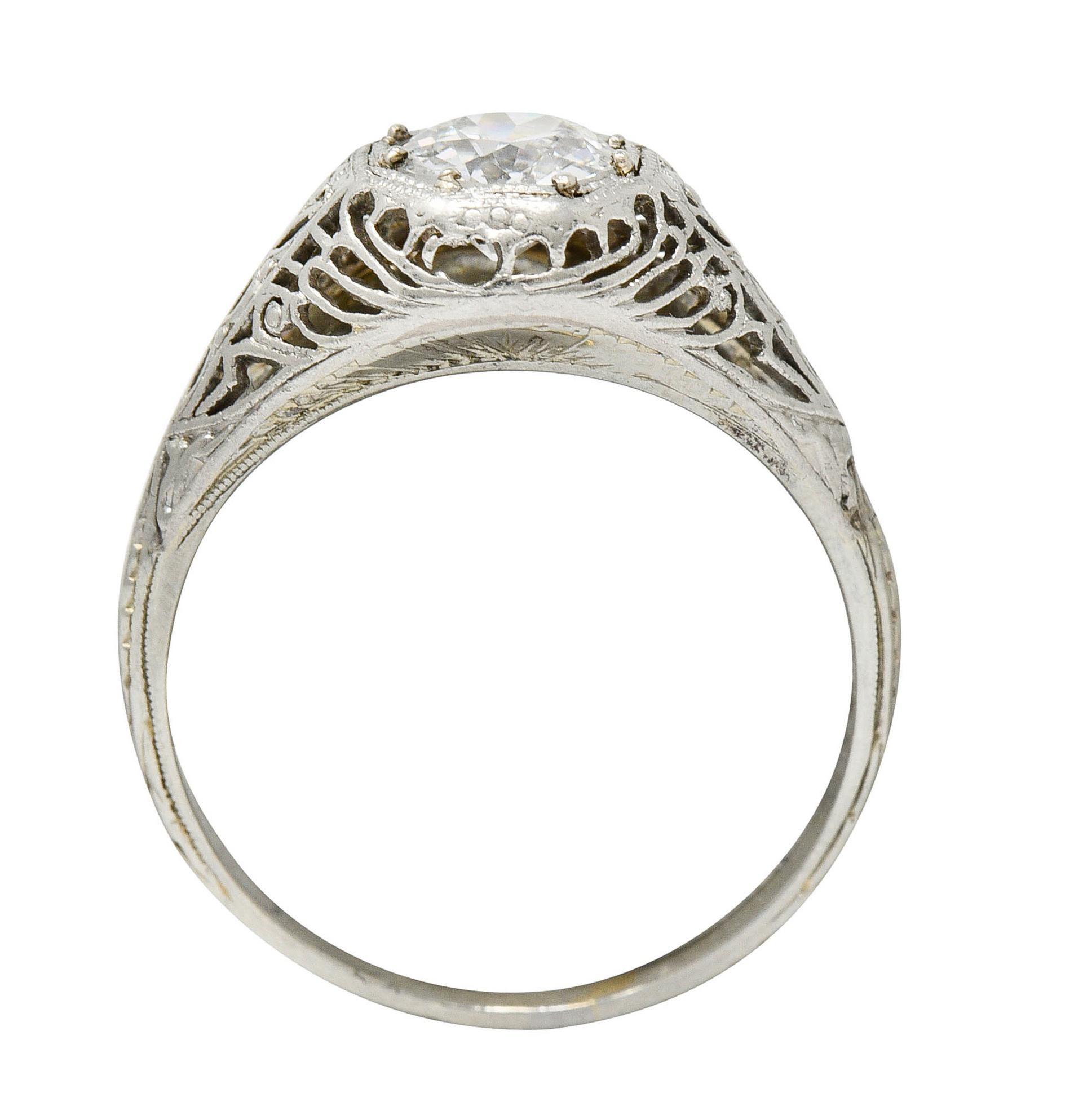 Edwardian Old European Cut Diamond 19 Karat White Gold Engagement Ring GIA 3