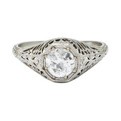 Edwardian Old European Cut Diamond 19 Karat White Gold Engagement Ring GIA