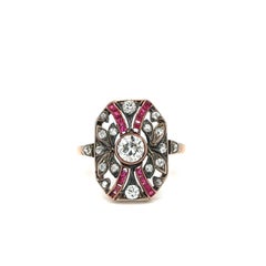 Edwardian Old European Cut Diamond and Ruby Plaque Ring 14k Rose Gold