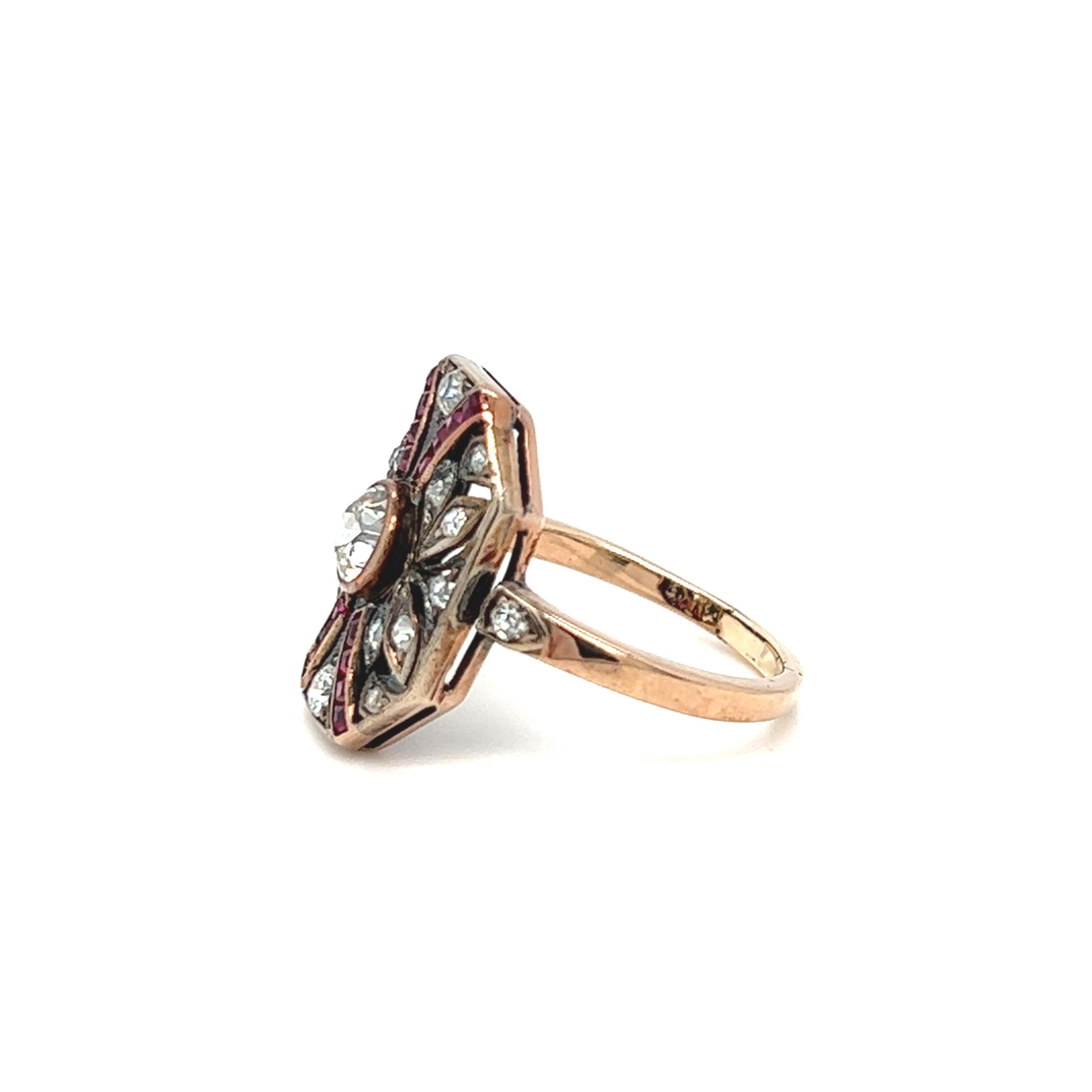 Edwardian Old European Cut Diamond and Ruby Plaque Ring Rose Gold In Good Condition For Sale In beverly hills, CA