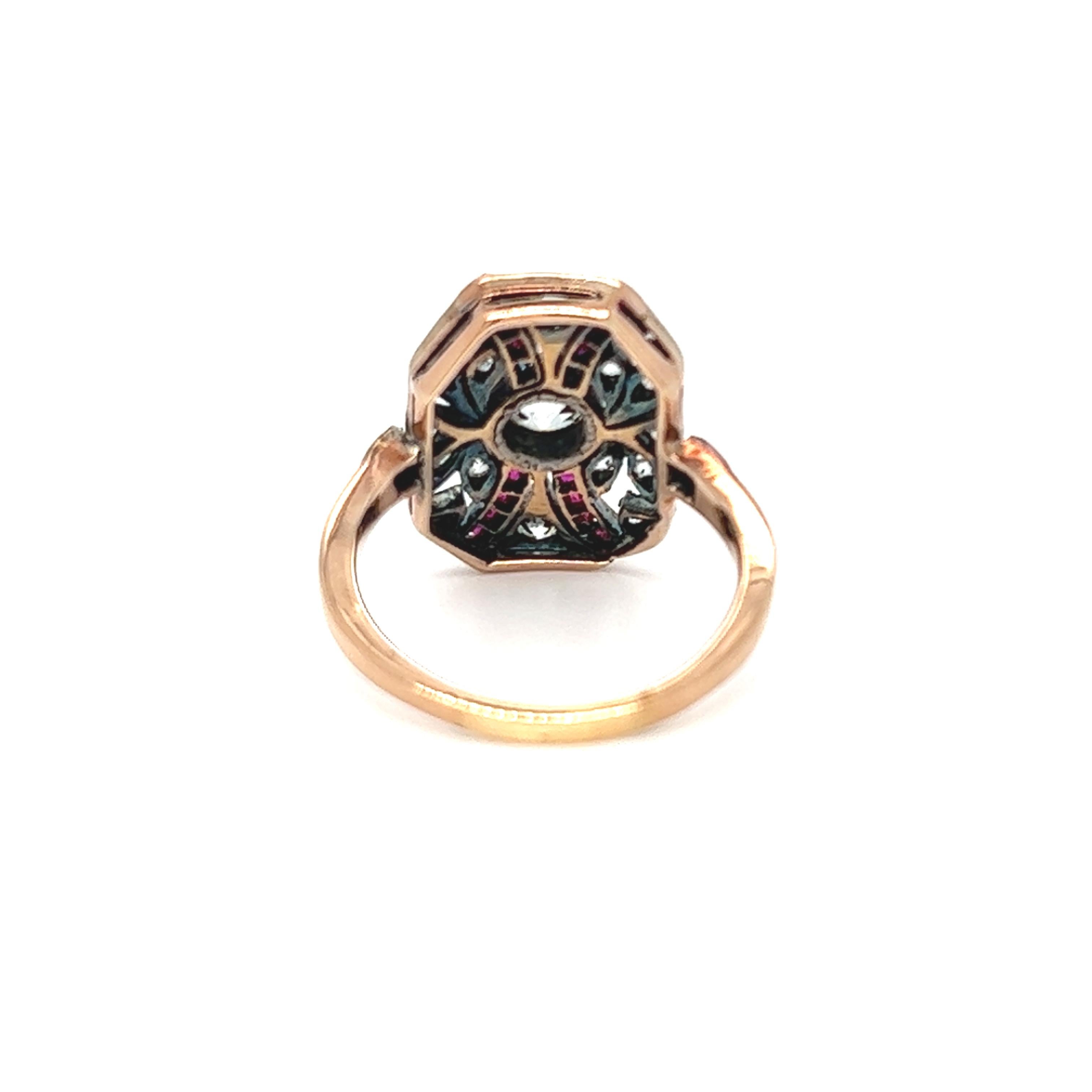 Women's Edwardian Old European Cut Diamond and Ruby Plaque Ring Rose Gold For Sale