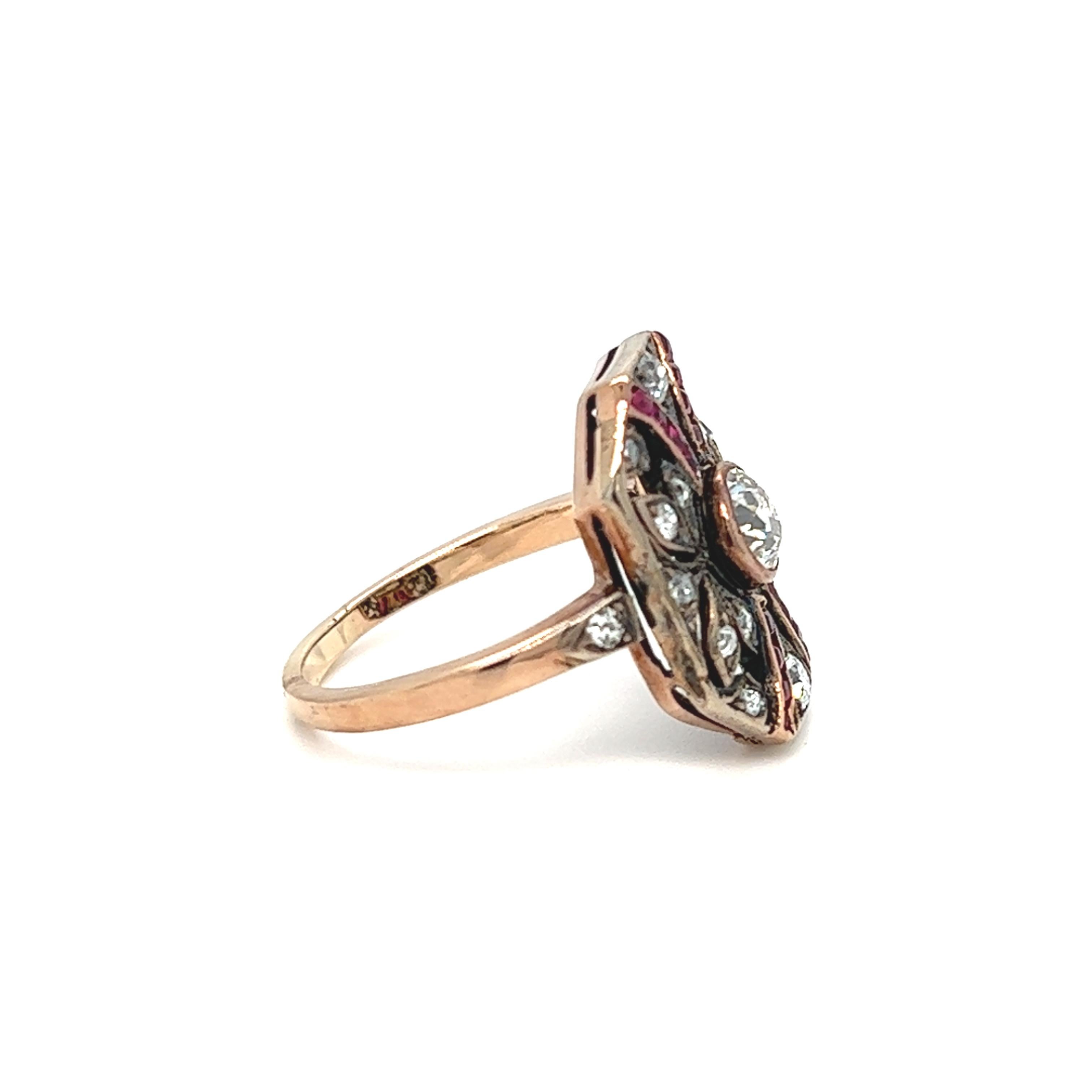 Edwardian Old European Cut Diamond and Ruby Plaque Ring Rose Gold For Sale 1