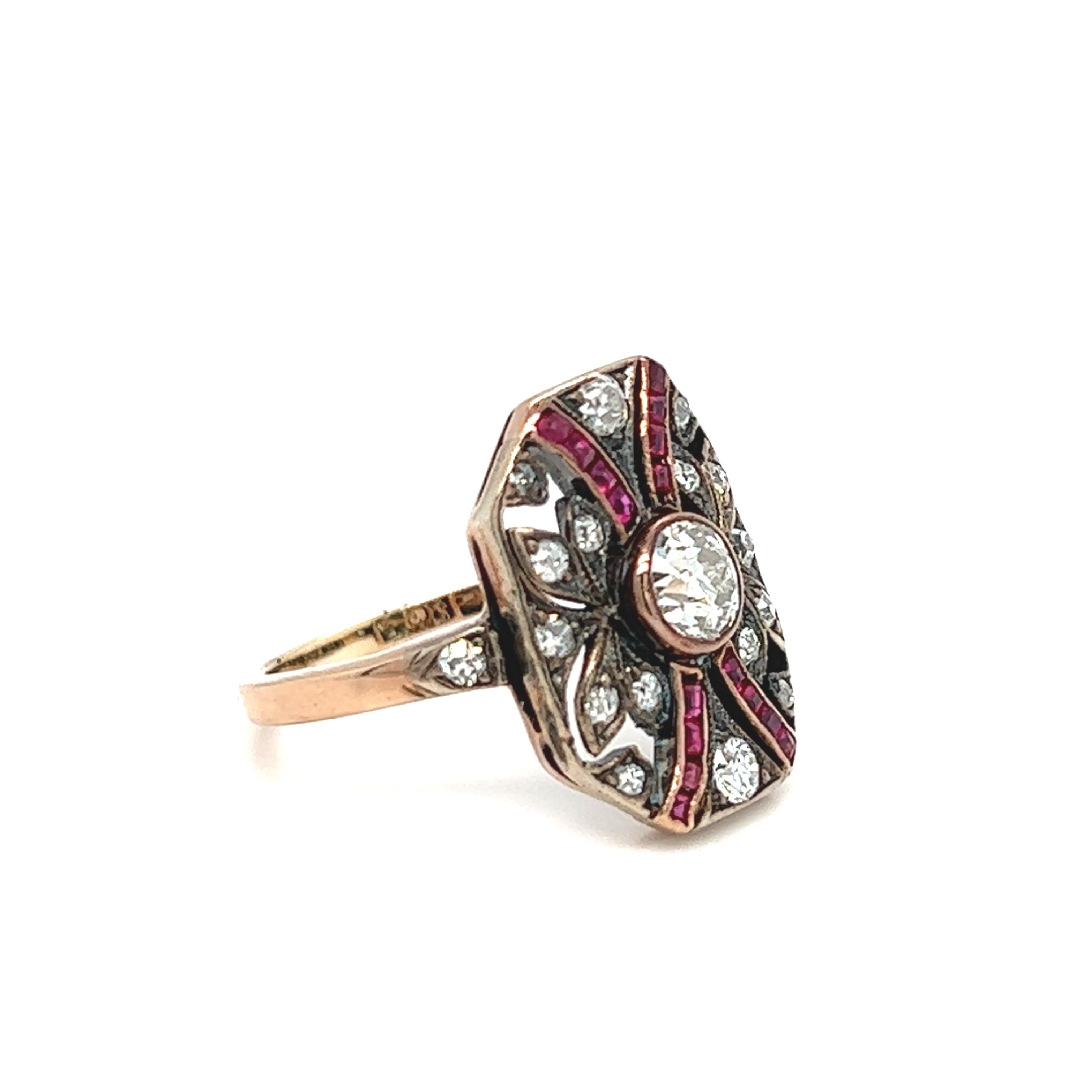 Edwardian Old European Cut Diamond and Ruby Plaque Ring 14k Rose Gold For Sale 2