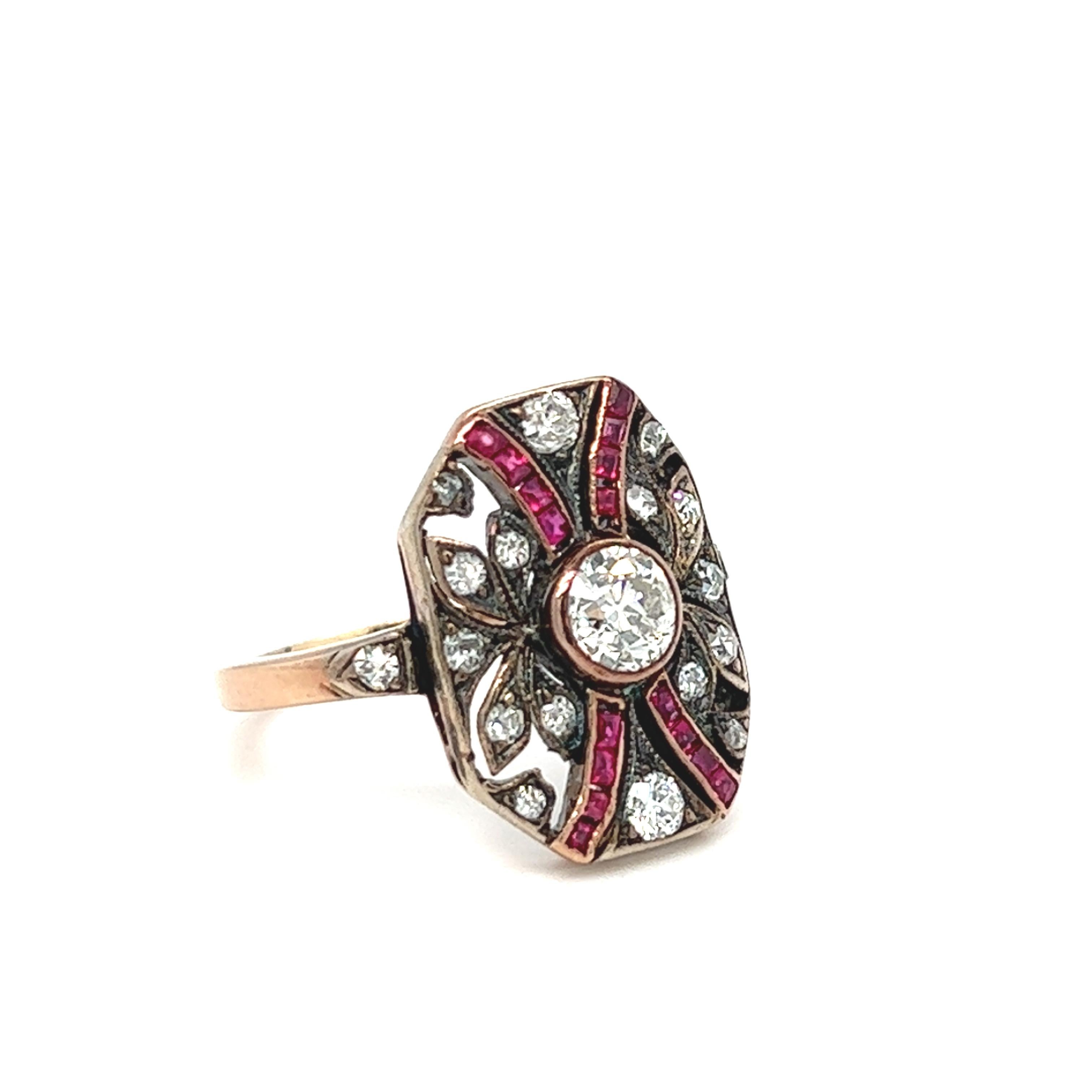 Edwardian Old European Cut Diamond and Ruby Plaque Ring 14k Rose Gold For Sale 3