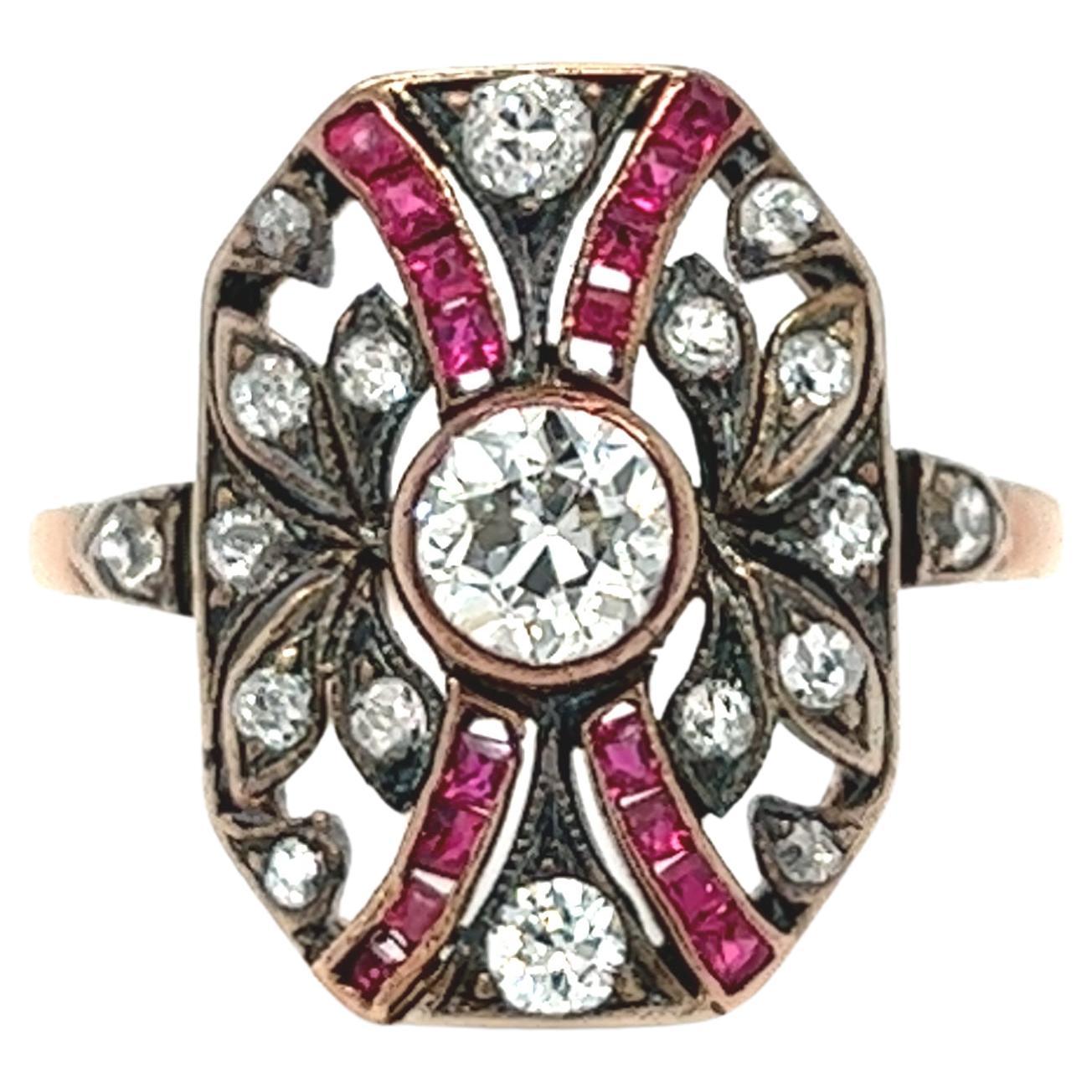 Bague plaquée en or rose avec diamant taille européenne ancienne de style édouardien et rubis