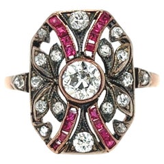 Antique Edwardian Old European Cut Diamond and Ruby Plaque Ring Rose Gold
