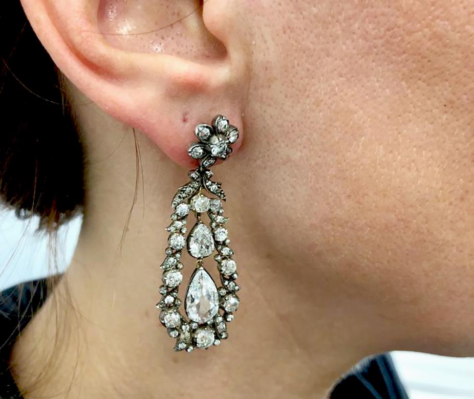 Old European Cut Edwardian Old European-Cut Diamond Gold and Silver Drop Earrings