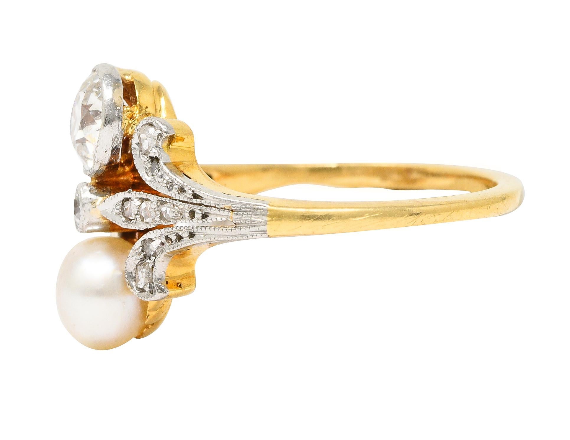 Women's or Men's Edwardian Old European Cut Diamond Pearl Platinum-Topped 18 Karat Gold Ring
