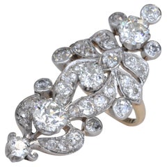Antique Edwardian Old European Cut Diamond, Platinum and Yellow Gold Long Cocktail Ring