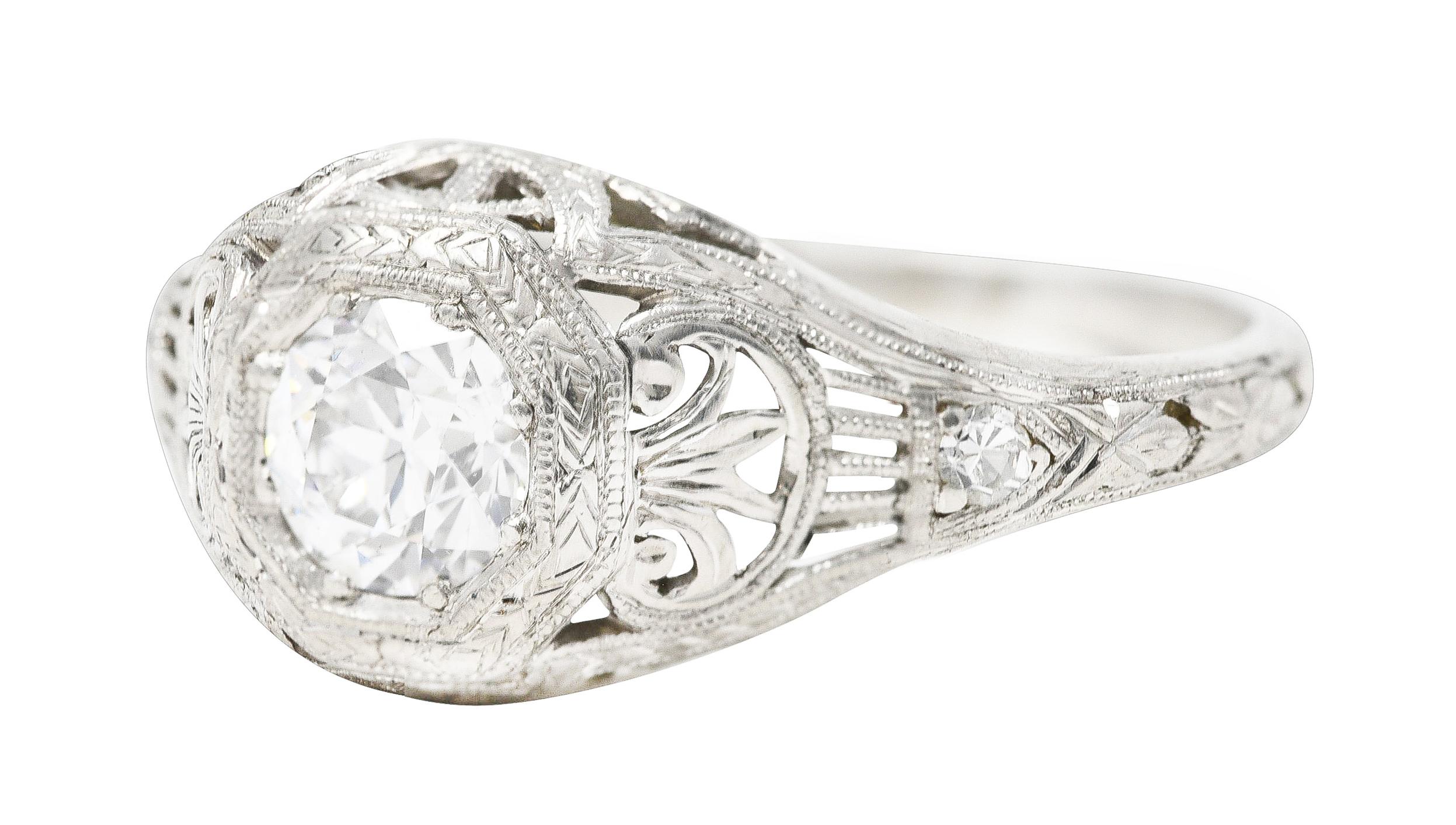 Women's or Men's Edwardian Old European Cut Diamond Platinum Garland Foliate Engagement Ring