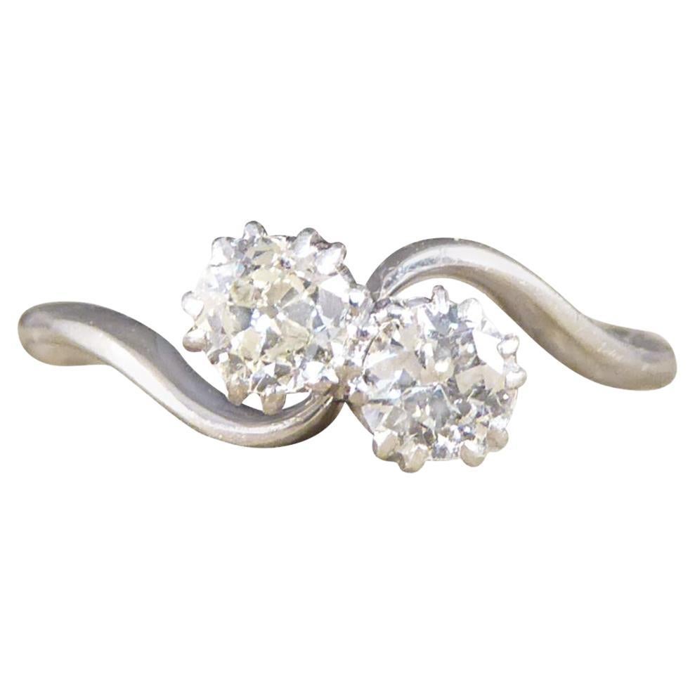 Edwardian Old European Cut Diamond Toi Et Moi Ring in 18ct White Gold & Platinum For Sale