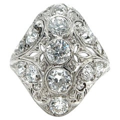Edwardian Old European Cut Diamonds Platinum Filigree Navette Dinner Ring