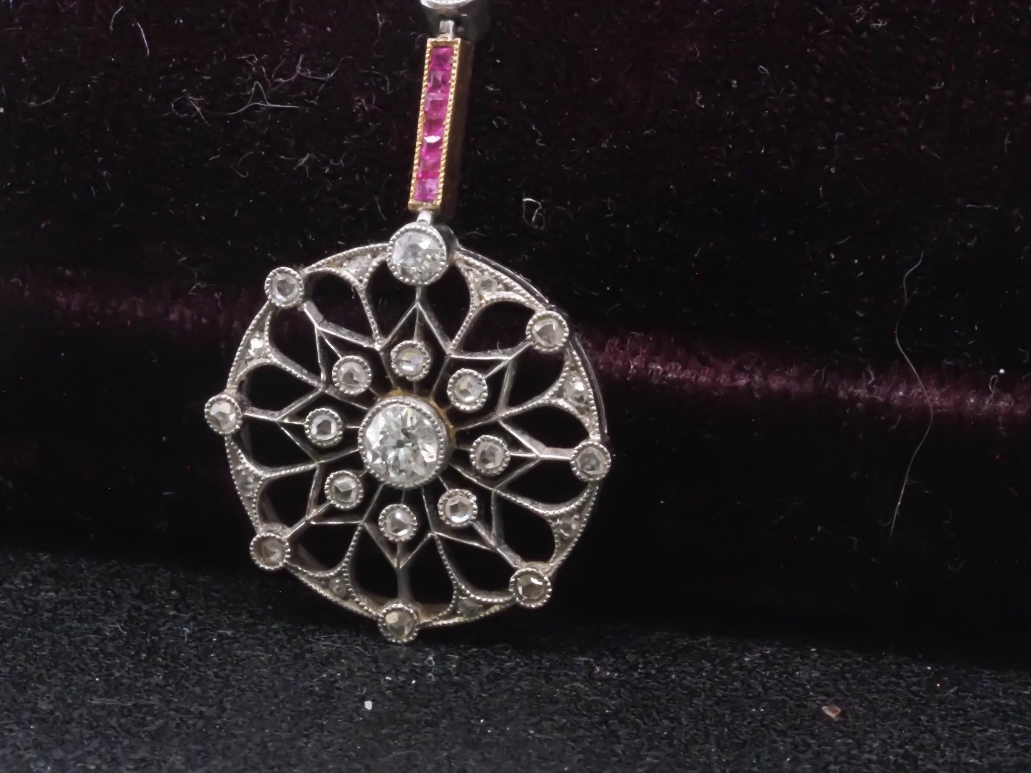 Edwardian Old European Diamond and Ruby Drop Pendant in Gold and Platinum For Sale 1