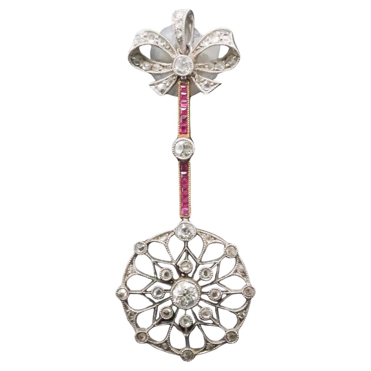 Edwardian Old European Diamond and Ruby Drop Pendant in Gold and Platinum For Sale