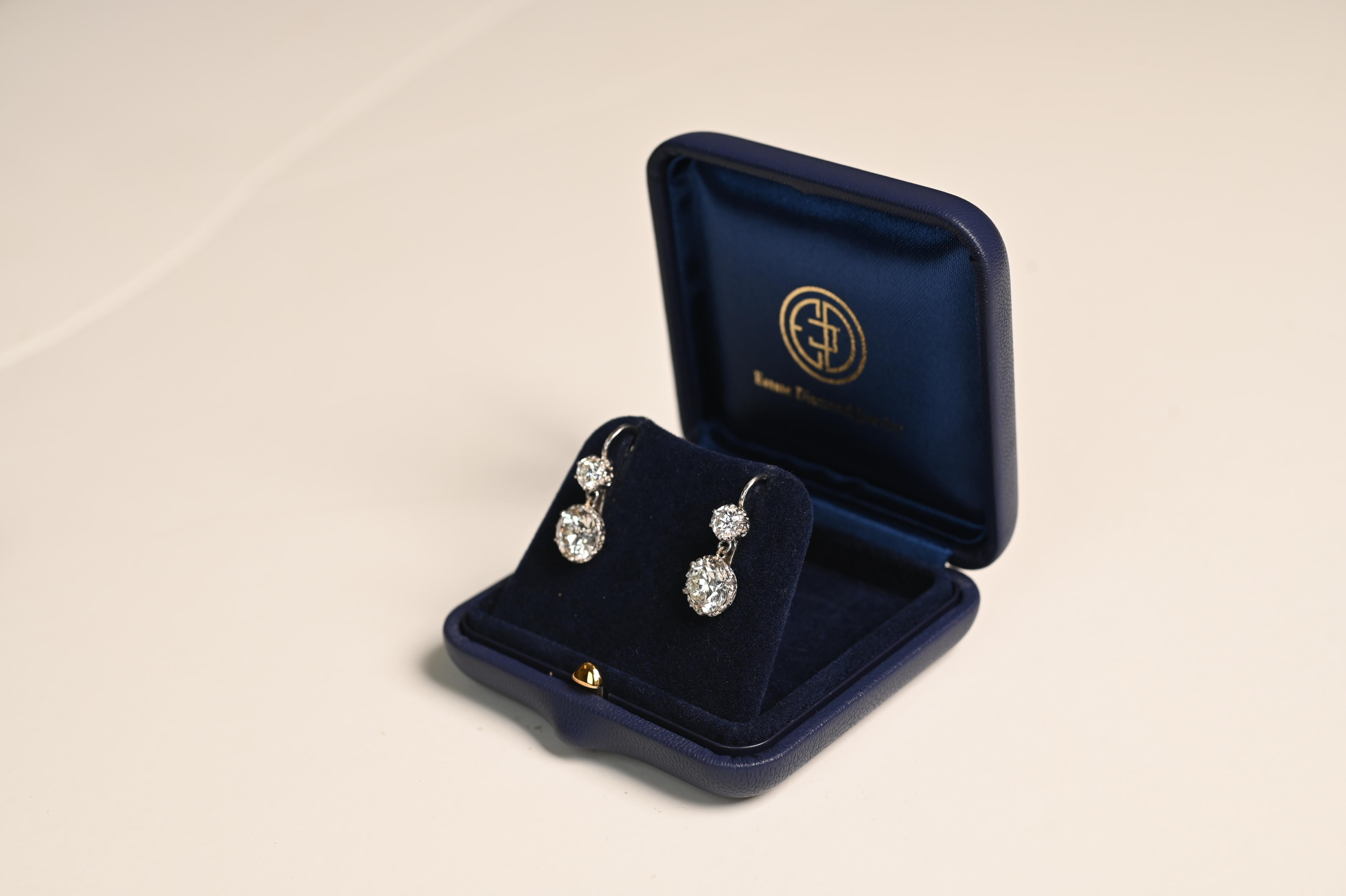 Old European Cut Edwardian Old European Diamond Earrings (Approx. 4.40-Carats), Platinum For Sale