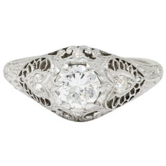 Edwardian Old European Diamond Platinum Filigree Engagement Ring