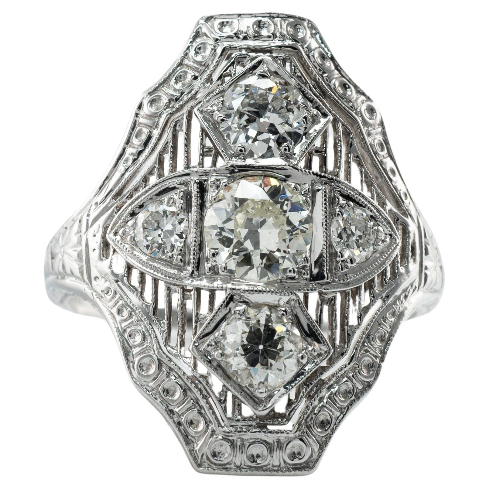 Edwardian Old European Diamond Ring 1.00 cttw 18K White Gold For Sale