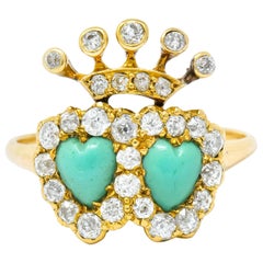 Edwardian Old European Diamond Turquoise 18 Karat Gold Double Heart Cluster Ring