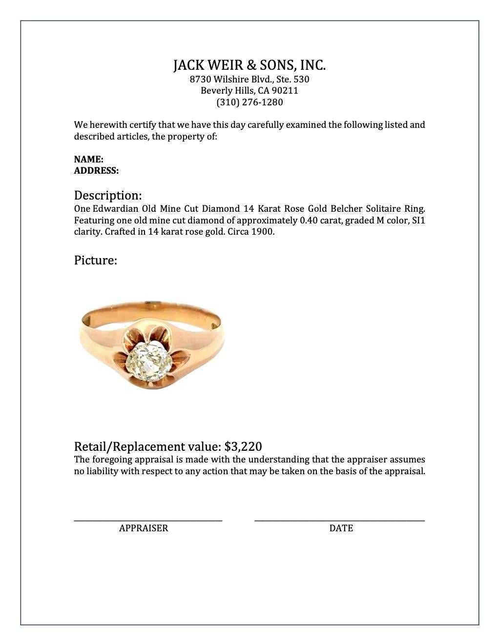 Edwardian Old Mine Cut Diamond 14 Karat Rose Gold Belcher Solitaire Ring 3