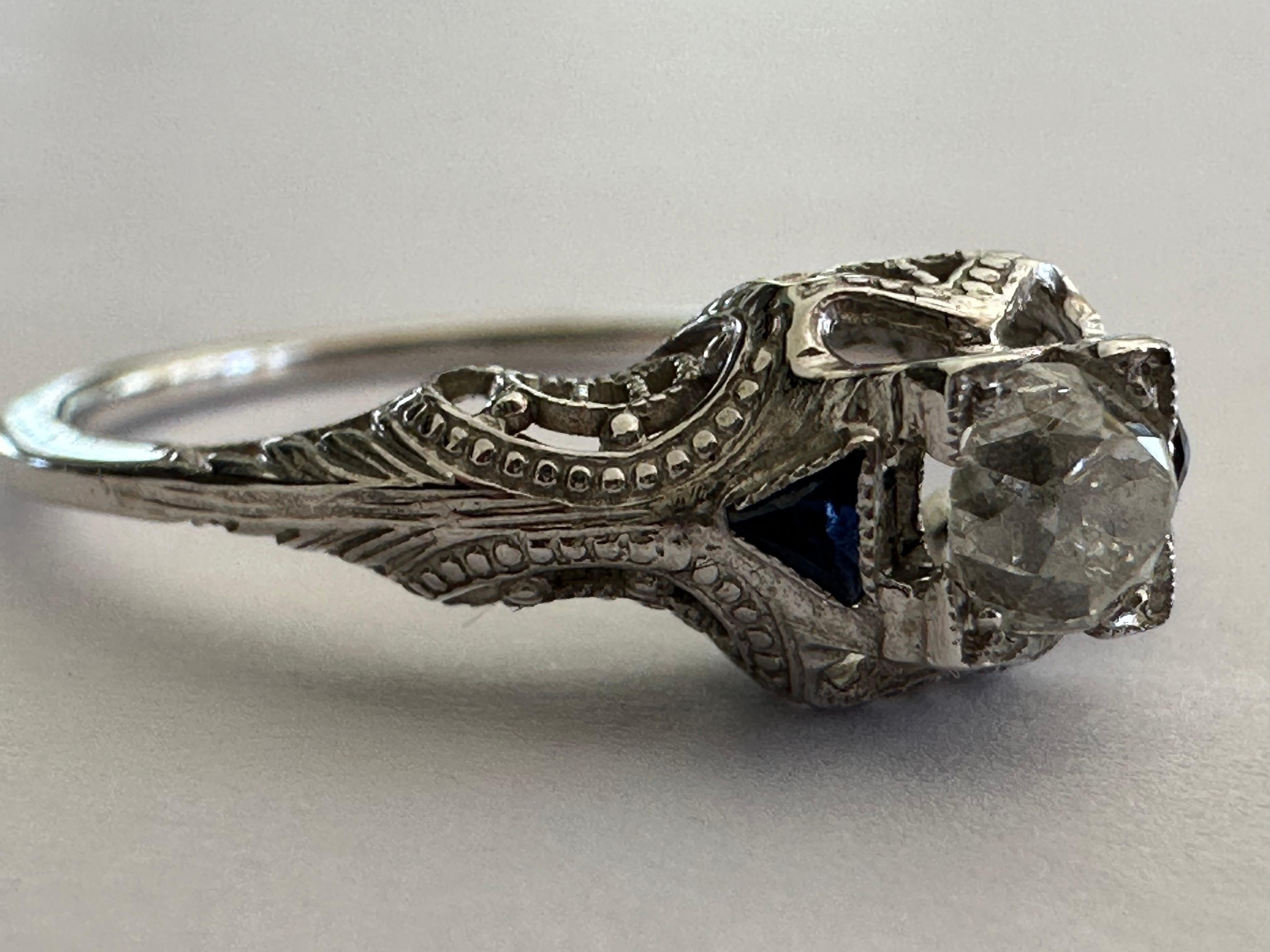 Edwardian Old Mine Cut Diamond and Sapphire Ring  For Sale 2