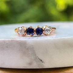 Edwardian Old Mine Cut Diamond and Sapphire Ring in 14 Karat Gold