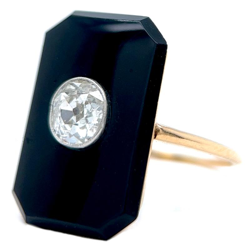 Edwardian Old Mine Cut Diamond Onyx 14 Karat Rose Gold Ring 1